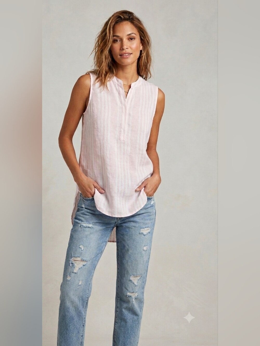 Ellen Tracy Pink Striped 100% Linen Sleeveless Henley Tunic Shirt Medium